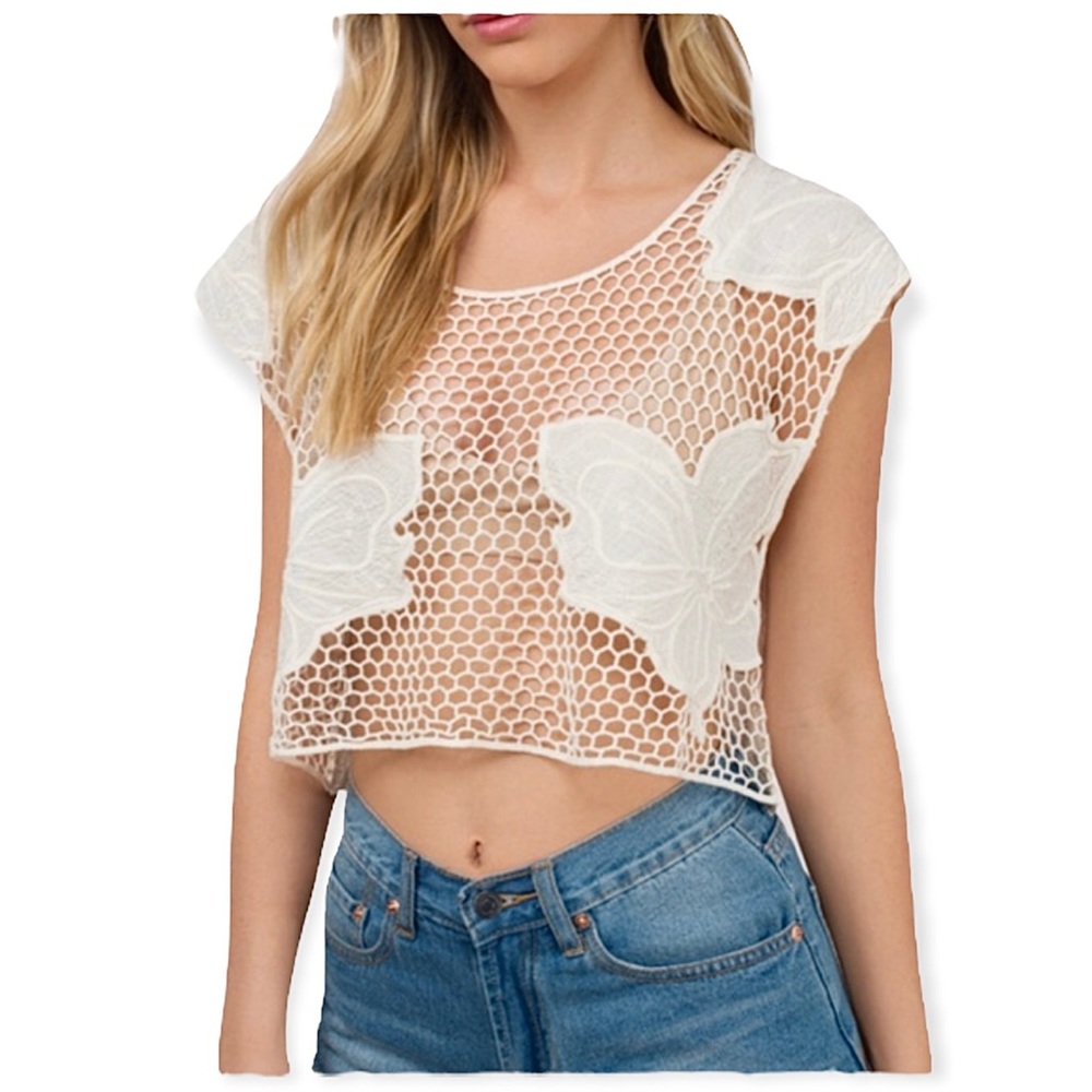 Tobi Cream Crochet Floral Top